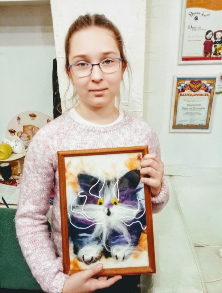 картина из шерсти с котом